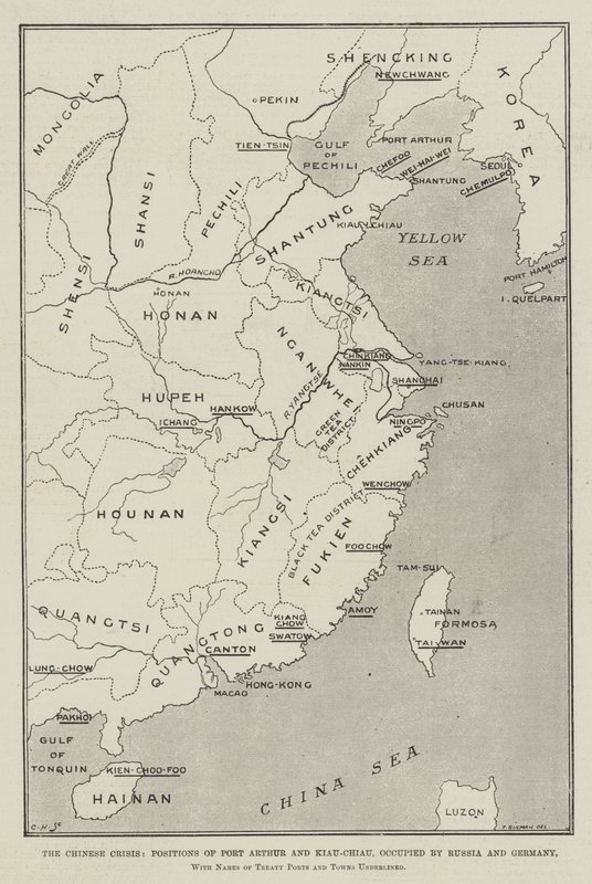 Den kinesiske krise, Port Arthurs og Kiau-Chiaus positioner, besat af Rusland og Tyskland, med traktatens havne og byer understreget af Thomas Sulman