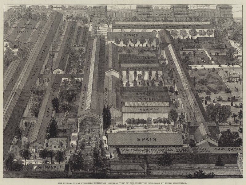 Den internationale fiskeriudstilling, overblik over udstillingsbygningerne i South Kensington af Thomas Sulman