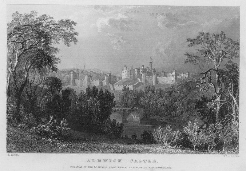 Alnwick Castle, sæde for Hugh Percy, hertug af Northumberland (gravering) af Thomas (after) Allom
