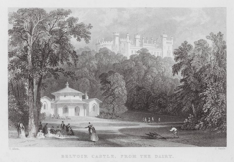 Belvoir Castle, fra mejeriet (gravering) af Thomas (after) Allom