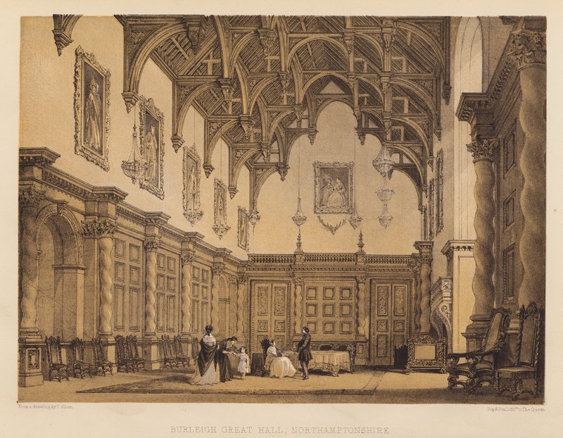 Burleigh Great Hall, Northamptonshire (akvatint) af Thomas (after) Allom