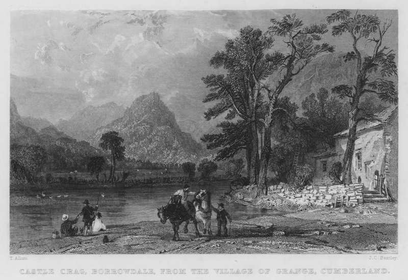 Castle Crag, Borrowdale, fra Village of Grange, Cumberland (gravering) af Thomas (after) Allom