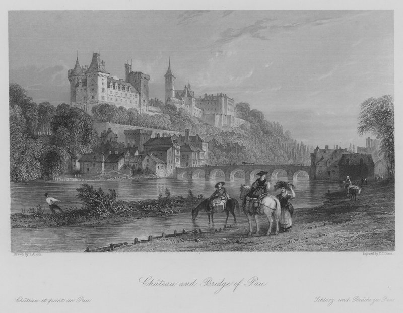 Chateau og bro over Pau (gravering) af Thomas (after) Allom