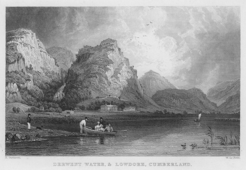 Derwent Water og Lowdore, Cumberland (gravering) af Thomas (after) Allom
