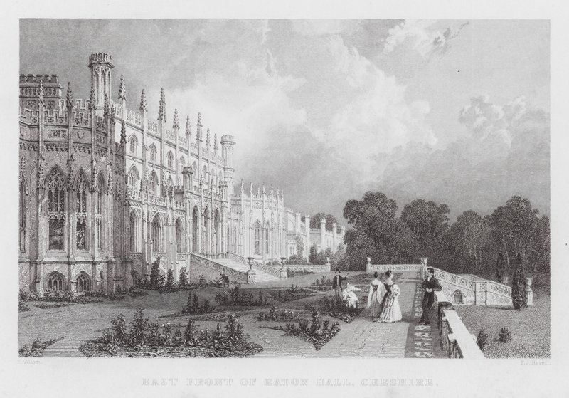 Østfronten af Eaton Hall, Cheshire (gravering) af Thomas (after) Allom