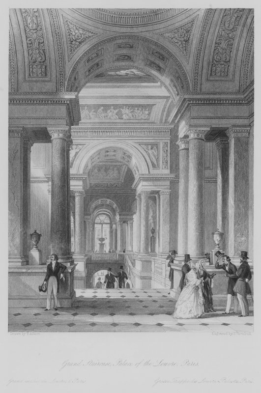 Grand Staircase, Louvre-paladset, Paris (gravering) af Thomas (after) Allom
