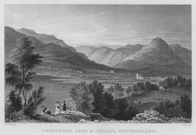 Grassmere Lake and Village, Westmorland (gravering) af Thomas (after) Allom