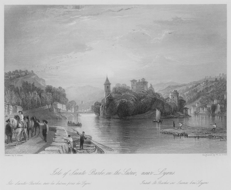 Isle of Sainte Barbe på Saone, nær Lyon (gravering) af Thomas (after) Allom