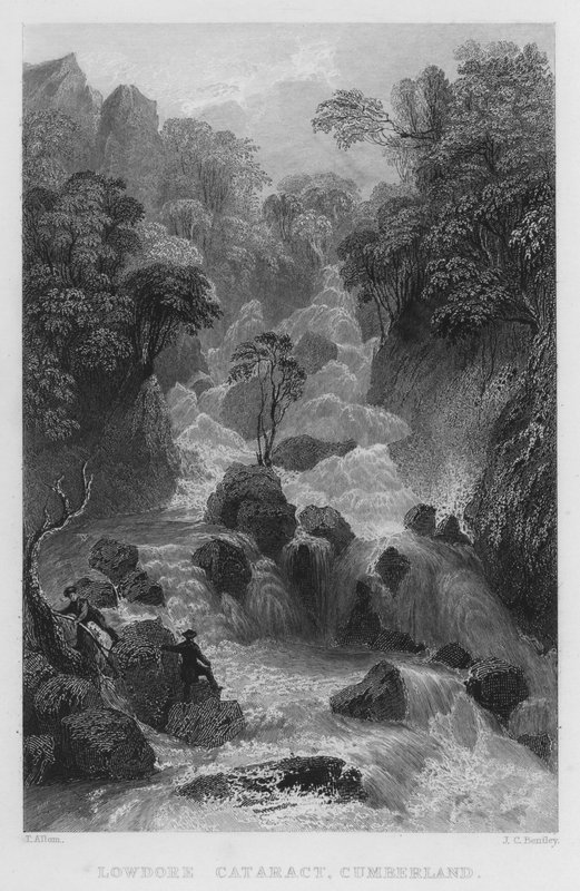 Lowdore Cataract, Cumberland (gravering) af Thomas (after) Allom