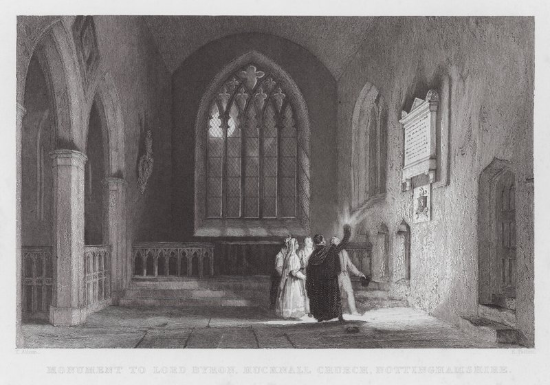 Monument til Lord Byron, Hucknall Church, Nottinghamshire (gravering) af Thomas (after) Allom