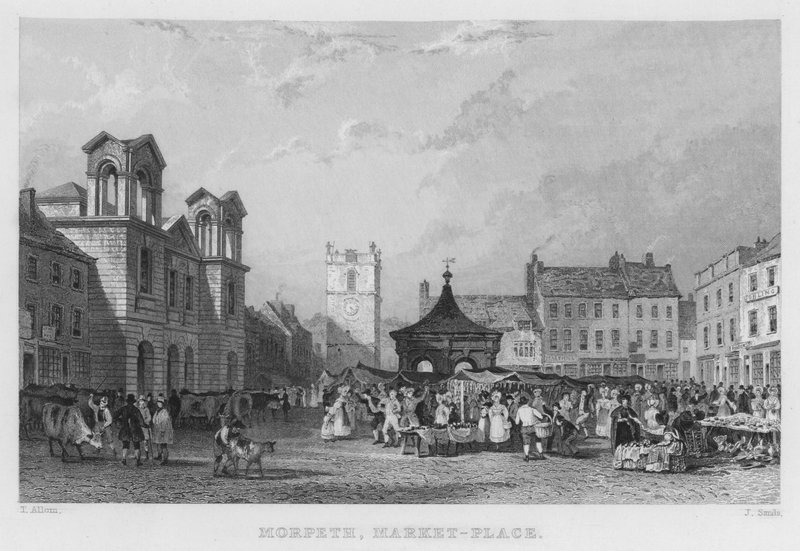 Morpeth, Market-Place (gravering) af Thomas (after) Allom
