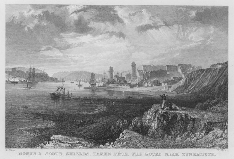 North og South Shields, taget fra klipperne nær Tynemouth (gravering) af Thomas (after) Allom
