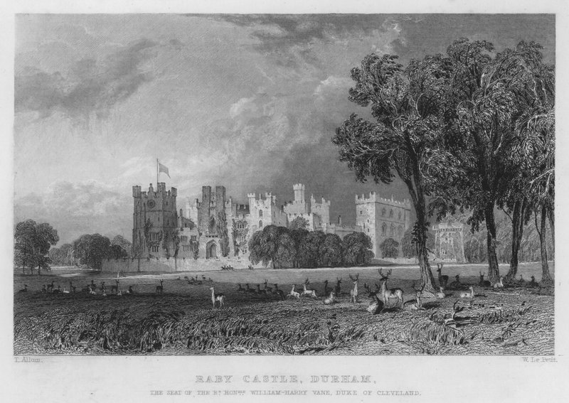 Raby Castle, Durham, sæde for William-Harry Vane, hertug af Cleveland (gravering) af Thomas (after) Allom