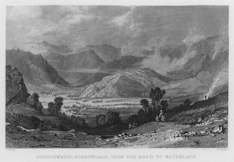 Rossthwaite, Borrowdale, fra vejen til Watenlath (gravering) af Thomas (after) Allom