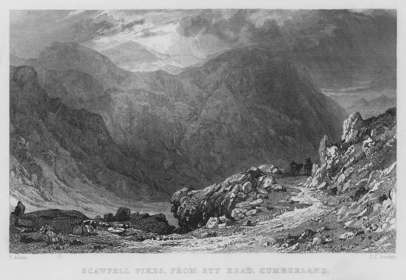 Scawfell Pikes, fra Sty Head, Cumberland (gravering) af Thomas (after) Allom