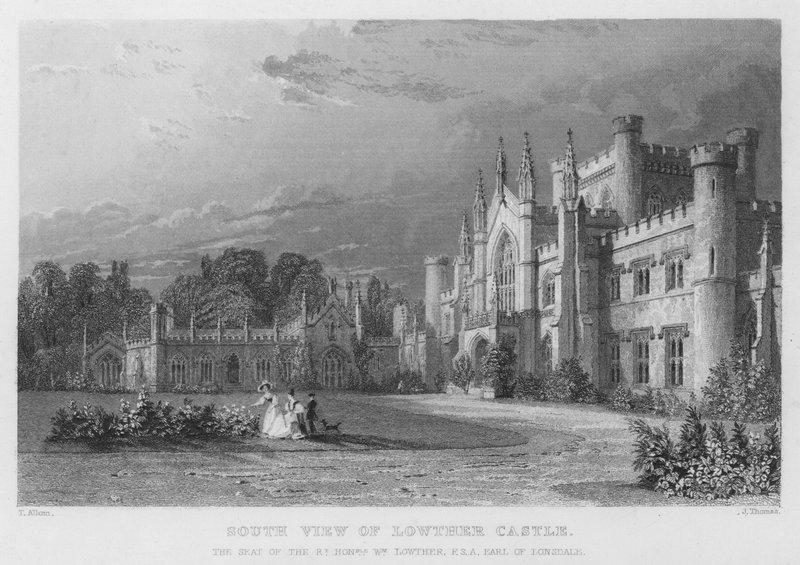 Sydlig udsigt over Lowther Castle, sæde for William Lowther, jarl af Lonsdale (gravering) af Thomas (after) Allom