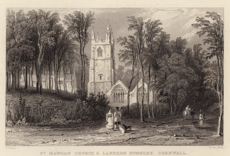 St Mawgan Church og Lanhern Nunnery, Cornwall (gravering) af Thomas (after) Allom