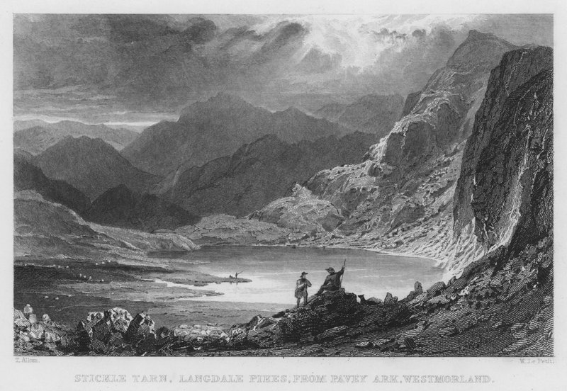 Stickle Tarn, Langdale Pikes, fra Pavey Ark, Westmorland (gravering) af Thomas (after) Allom