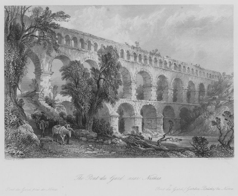 Pont du Gard, nær Nismes (gravering) af Thomas (after) Allom