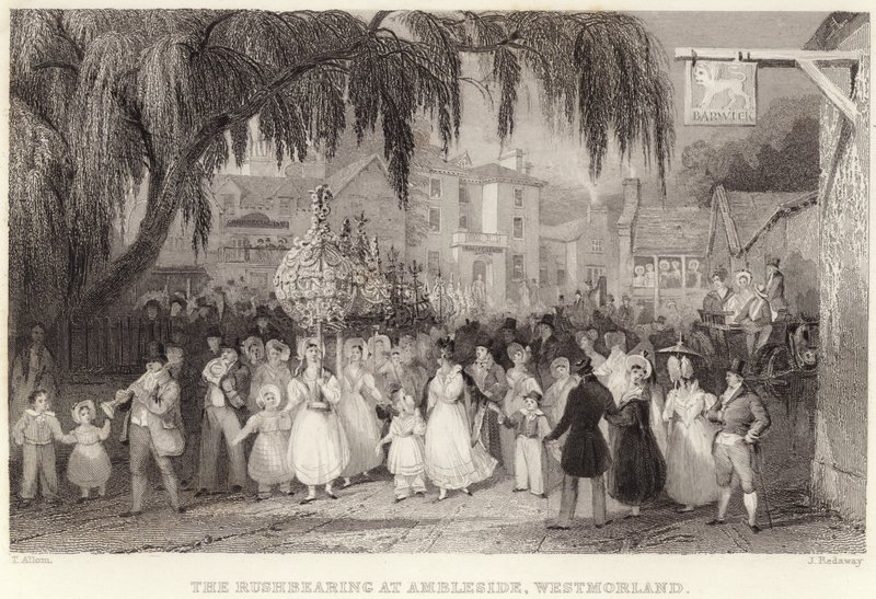 The Rushbearing ved Ambleside, Westmorland (gravering) af Thomas (after) Allom