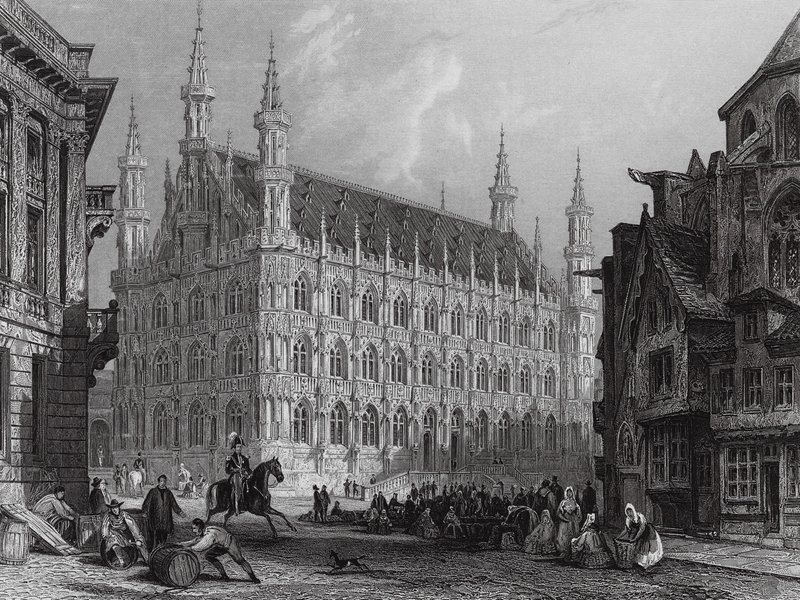 Rådhuset i Louvain med en del af katedralen (stik) af Thomas (after) Allom