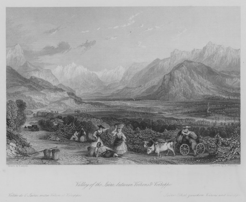 Isere-dalen, mellem Voirons og Voireppe (gravering) af Thomas (after) Allom