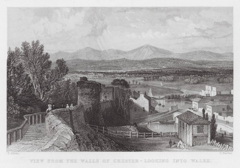 Udsigt fra Walls of Chester, ser ind i Wales (gravering) af Thomas (after) Allom