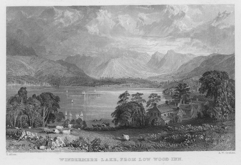 Windermere Lake, fra Low Wood Inn (gravering) af Thomas (after) Allom