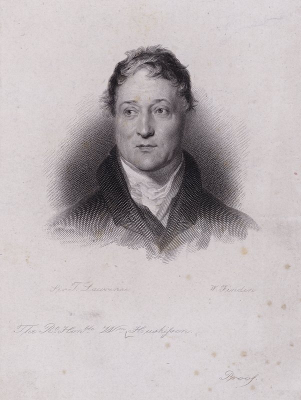 William Huskisson, engelsk politiker og finansmand, dræbt i en jernbaneulykke, da han blev kørt over af Robert Stephensons banebrydende damplokomotiv Rocket (gravering) af Thomas (after) Lawrence