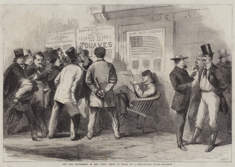 Krigsspændingen i New York, scene foran et brandmotorhus (gravering) af Thomas (after) Nast