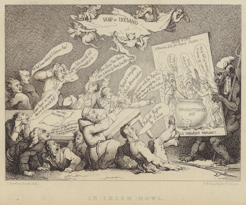 Et irsk hyl: møde i National Convention of United Irishmen bliver vist republikanismens rædsler, eksemplificeret af den franske revolution af Thomas (after) Rowlandson
