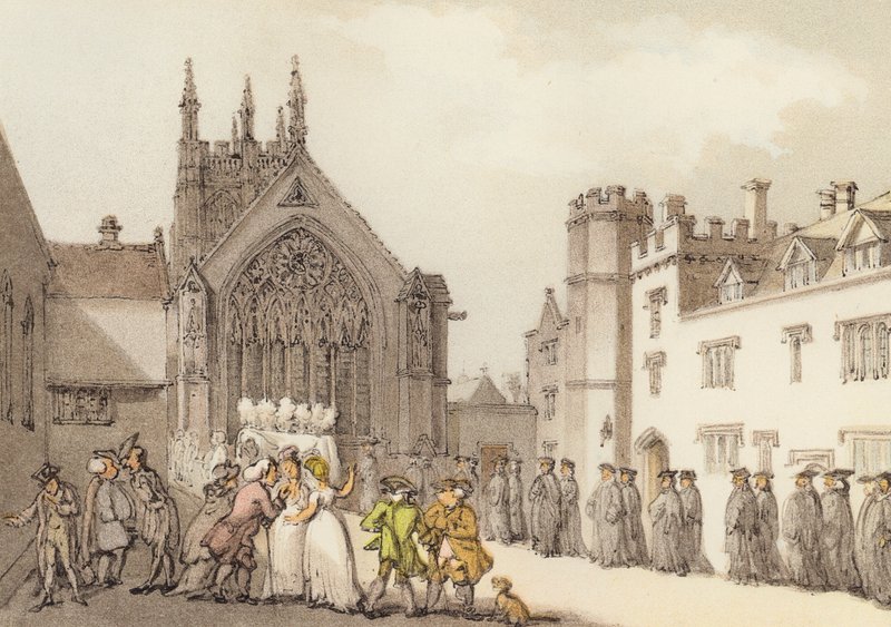 Merton College og Chapel, fra den første firkant (farve litho) af Thomas (after) Rowlandson