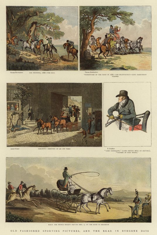 Gammeldags sportsbilleder og vejen i svundne dage (farve litho) af Thomas (after) Rowlandson