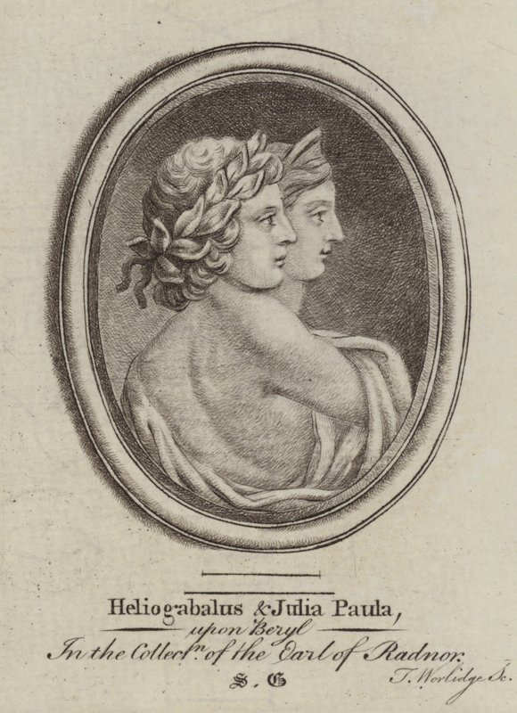 Heliogabalus, romersk kejser og kejserinde Julia Paula (gravering) af Thomas (after) Worlidge