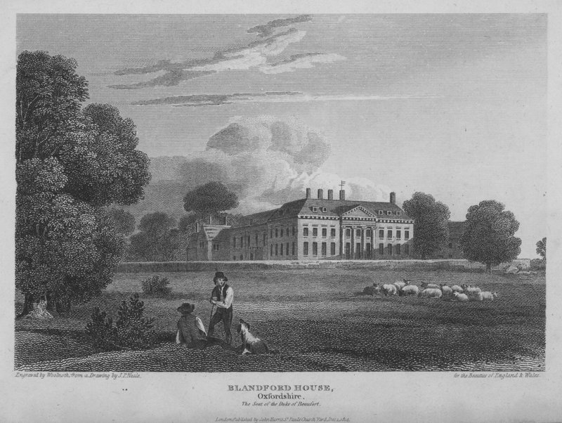 Blandford House, Oxfordshire, sæde for hertugerne af Beaufort (gravering) af Thomas A. Woolnoth