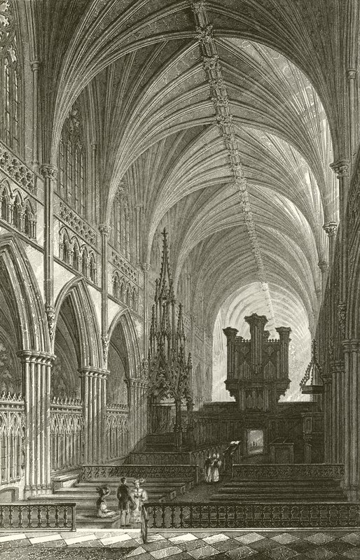 Interiør i Exeter-katedralen af Thomas Allom