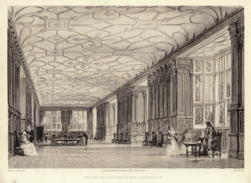 The Long Gallery, Haddon Hall, Derbyshire (lithotint) af Thomas Allom