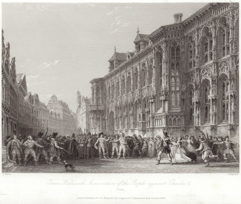 Rådhus med folkets opstand mod Charles V af Thomas Allom