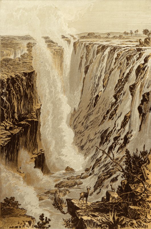 Victoria Fall, Zambesi, fra den østlige ende af kløften (chromolitho) af Thomas Baines