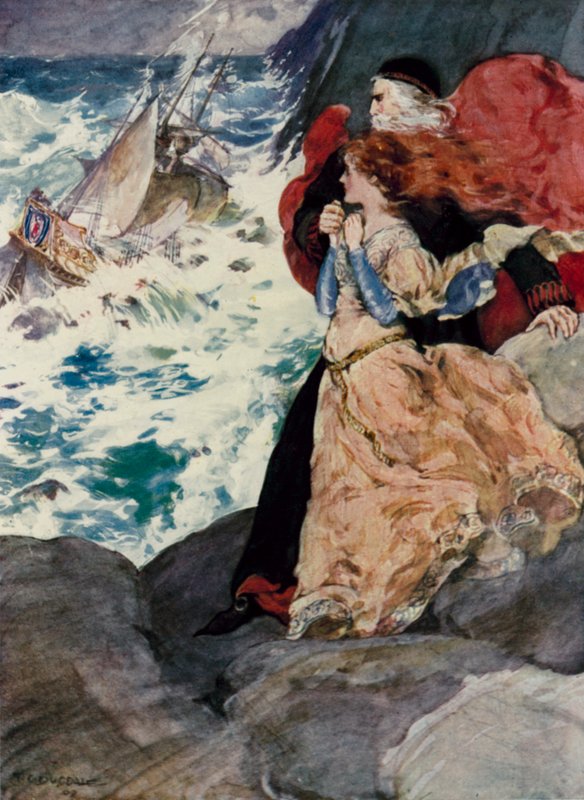 Prospero og Miranda ser stormen (farve litho) af Thomas Cantrell Dugdale