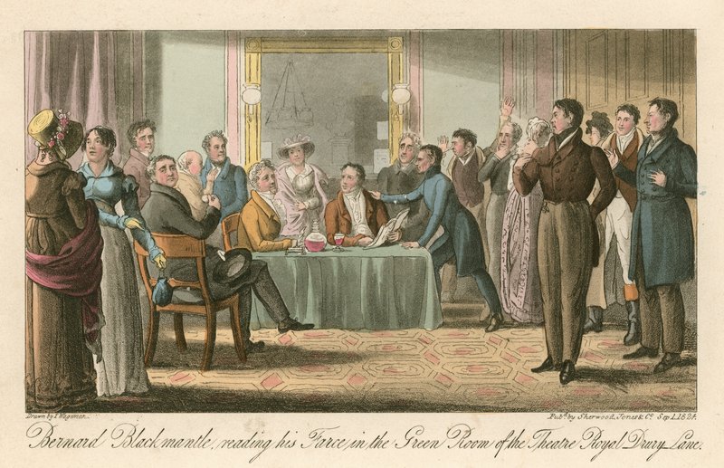 Bernard Blackmantle læser sin farce i Green Room på Theatre Royal, Drury Lane, London af Thomas Charles Wageman