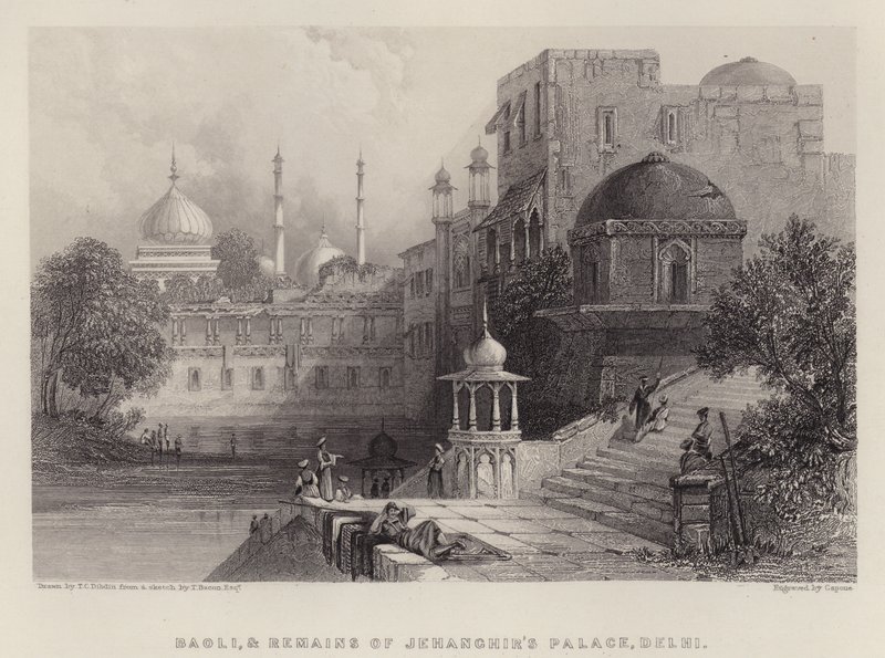 Baoli og resterne af Jehanghirs palads, Delhi (farve litho) af Thomas Colman (after) Dibdin
