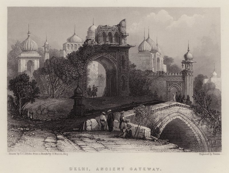 Delhi, Ancient Gateway (farve litho) af Thomas Colman (after) Dibdin