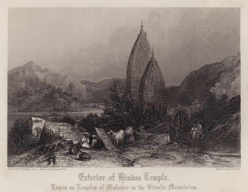 Ydre af Hindoo Temple (farve litho) af Thomas Colman (after) Dibdin