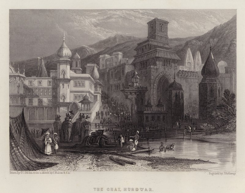 The Ghat, Hurdwar (farve litho) af Thomas Colman (after) Dibdin
