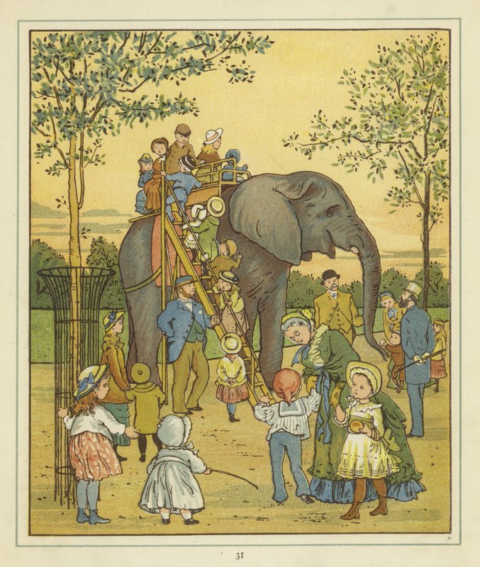 En gruppe mennesker i London Zoo fotograferet ved siden af en elefant, der giver rideture af Thomas Crane