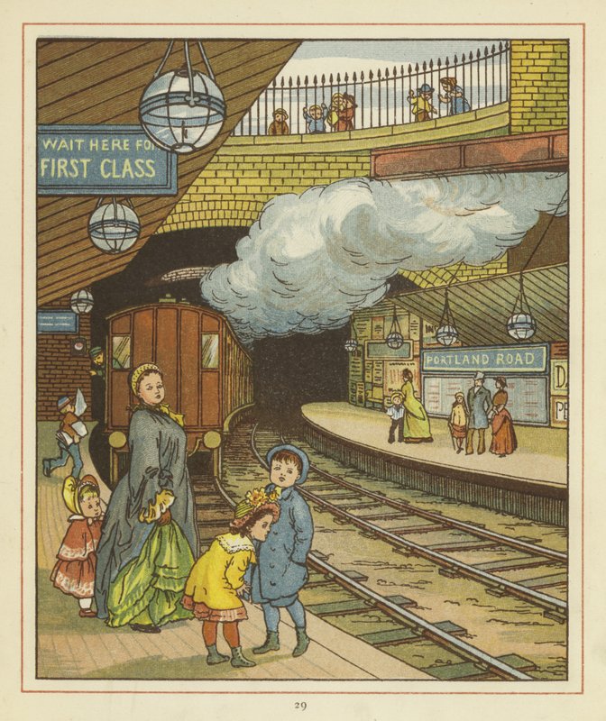 En kvinde står sammen med en gruppe børn på en perron ved Portland Road banegård af Thomas Crane