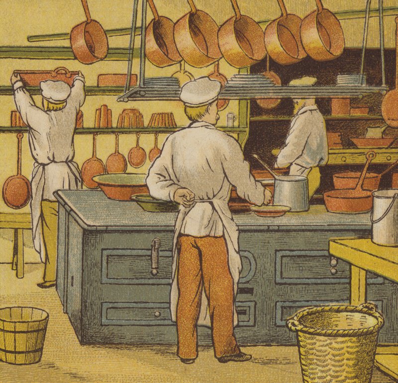 Caen: hotelkøkkenet (farve litho) af Thomas Crane