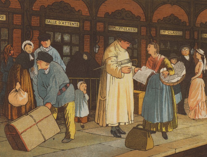 På vej fra Caen til Paris: en banegård (farve litho) af Thomas Crane