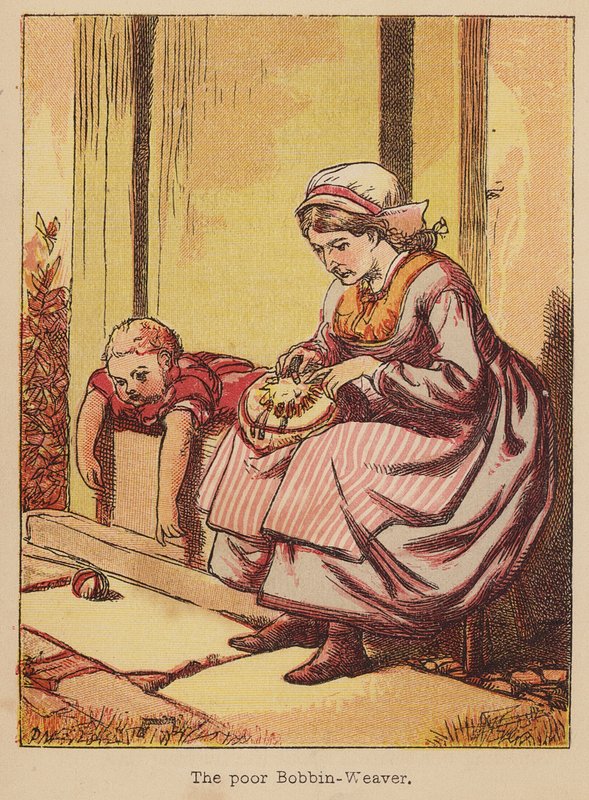 Den fattige spolevæver (koloreret gravure) af Thomas Dalziel